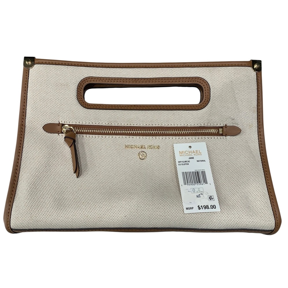 Michael Kors Jane Large Canvas Clutch Natural Leather Trim NEW 30T1GJBC3C